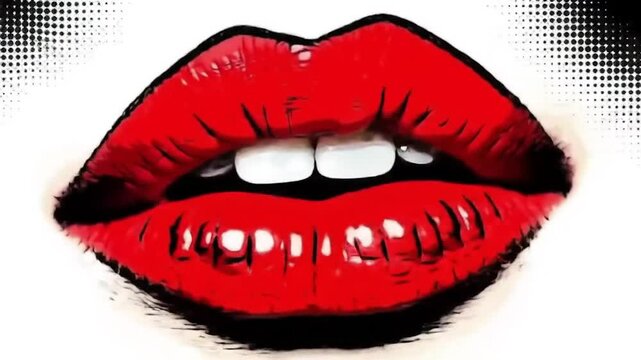 Bold close-up of vibrant red lips against a stark white and dotted background. Open mouth