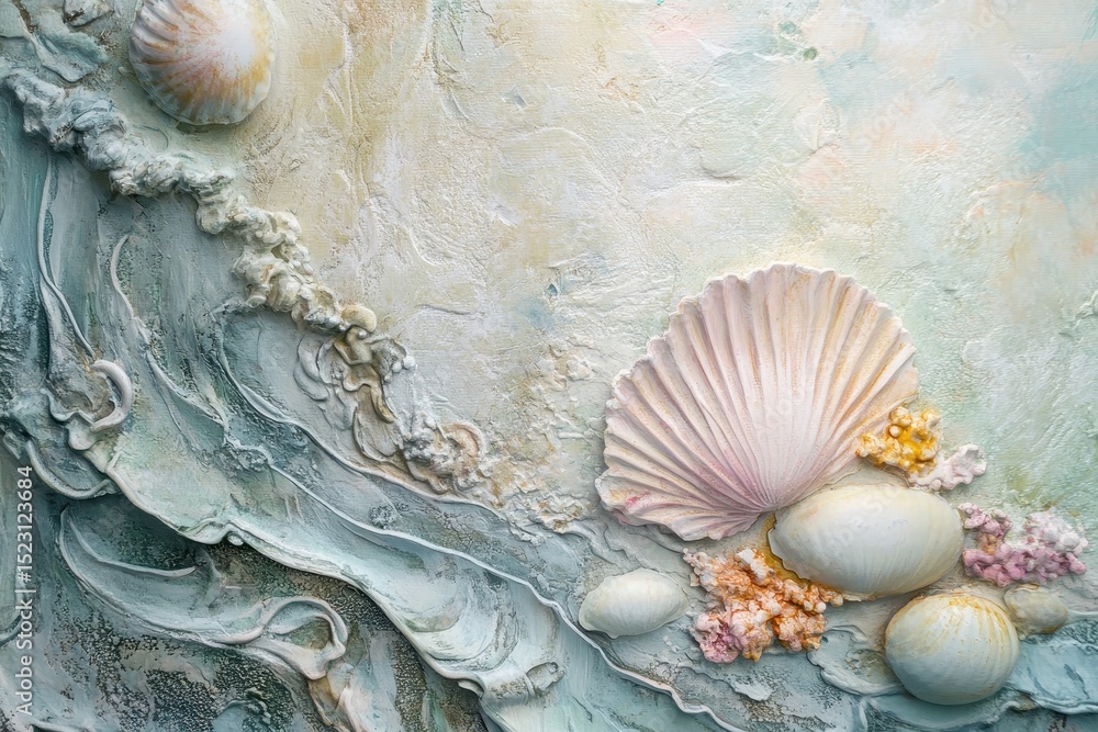 Poster beautiful coastal artwork featuring seashells and textured sea elements with a soft color palette an