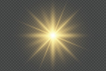 Fototapeta premium bright golden sunburst light effect. glowing rays on transparent background design
