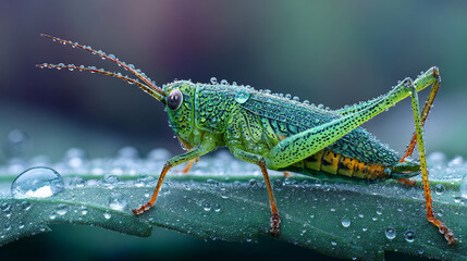 Fototapeta premium Highly detailed macro photo of a grasshopper with dew drops on body
