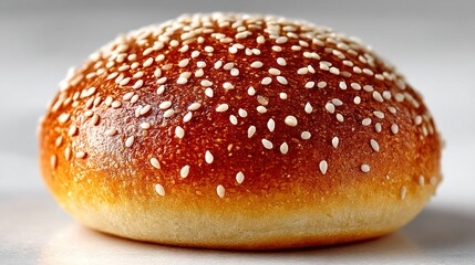 Fototapeta premium A close-up of a bun with sesame seed sprinkles on a white surface