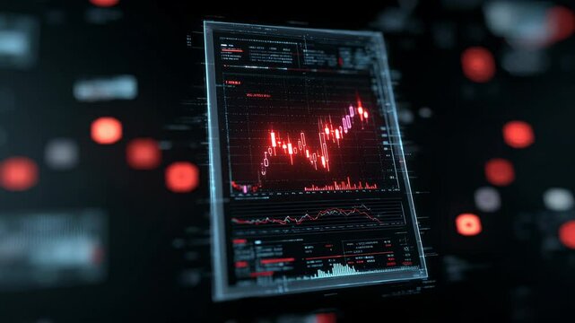 Digital stock market analysis displaying fluctuating red graph on futuristic transparent screen