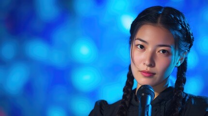 Young Female Asian Singer Performing on Stage with Braids Under Blue Lighting