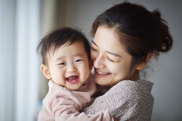 A Mother Holds Her Laughing Baby Close In The Safety Of Home