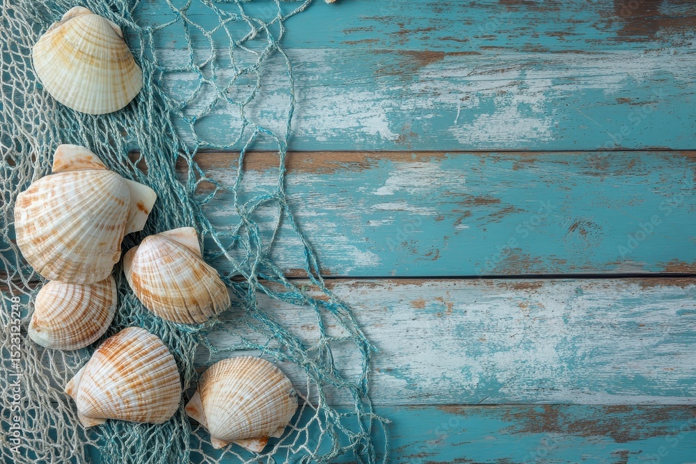 Poster seashells and net on weathered wooden background in a coastal setting during daylight