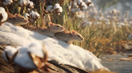   A group of mice on a blanket beside water with cotton flowers in the backdrop