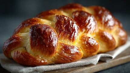   A croissant on paper atop a cutting board on a table