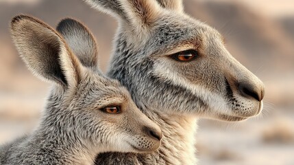 Naklejka premium Two kangaroos in close-up, one facing the camera clearly while the other looks slightly blurred due to the background