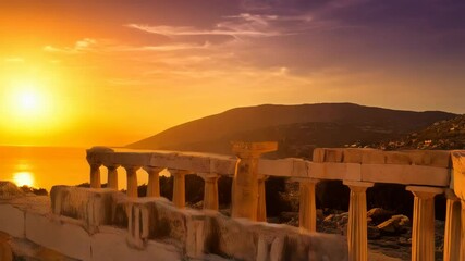Ancient stone temple ruins with columns and architraves stand against the warm golden light of sunset, evoking history and architectural grandeur.