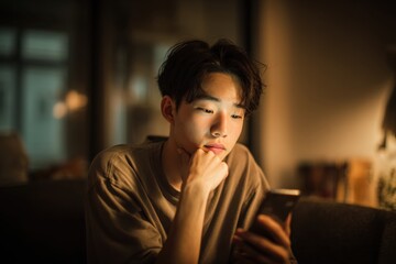 Young Man with Curly Hair Checks His Phone in the Dim Light