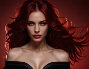 women's hair coloured in an intense ruby colour. Hair colouring red in modern shades. Cherry red hair, loose waves. Illustration for cover, advertising, marketing or presentation trendy red outfit