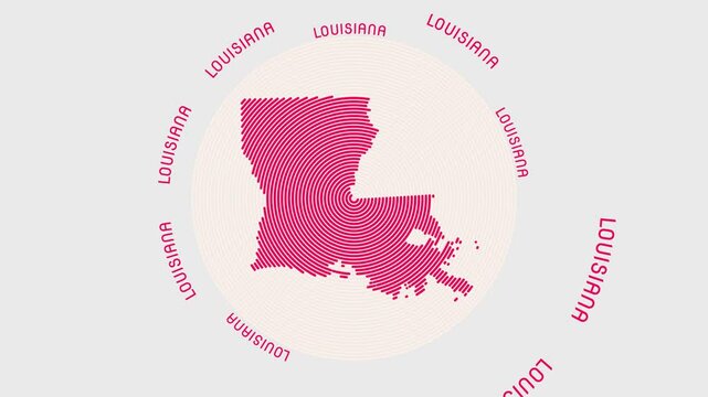 Louisiana shape with dynamic circles visual effect. Animation of Louisiana logo appearing from rotating rings and State name around the shape. Intro, opening, closing, logo video.