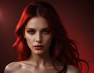 women's hair coloured in an intense ruby colour. Hair colouring red in modern shades. Cherry red hair, loose waves. Illustration for cover, advertising, marketing or presentation trendy red outfit
