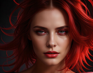 women's hair coloured in an intense ruby colour. Hair colouring red in modern shades. Cherry red hair, loose waves. Illustration for cover, advertising, marketing or presentation trendy red outfit