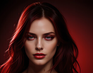 Long women's hair coloured in an intense ruby colour. Hair colouring in modern shades. Cherry red hair, loose waves. Illustration for cover, advertising, marketing or presentation trendy red outfit