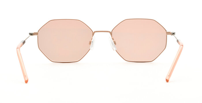 Sunglasses back view isolated on white background. Eyeglasses inside view Hexagonal frame with yellow colored uv lens against sunlight. Glasses rear view modern style for design template