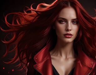 Long women's hair coloured in an intense ruby colour. Hair colouring in modern shades. Cherry red hair, loose waves. Illustration for cover, advertising, marketing or presentation trendy red outfit