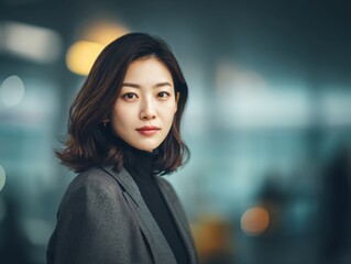 A Beautiful and Confident Asian Woman Standing in Front of Blurred Background