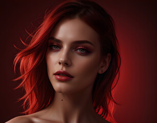Long women's hair coloured in an intense ruby colour. Hair colouring in modern shades. Cherry red hair, loose waves. Illustration for cover, advertising, marketing or presentation trendy red outfit