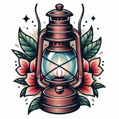 Classic cartoon oil lantern tattoo design with floral accents and sparkle