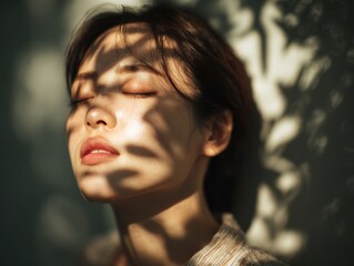 Woman bathed in sunlight with shadow pattern cast across her face
