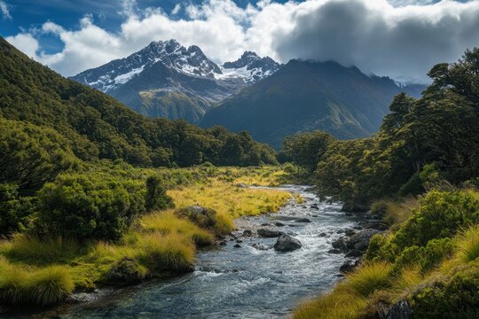 Scenic river flowing through lush green valley with snow-capped mountains in the background under a partly cloudy sky - Powered by Adobe