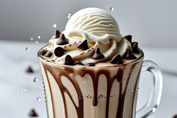 Close up of coffee milkshake with ice cream adorned with rich chocolate chips.