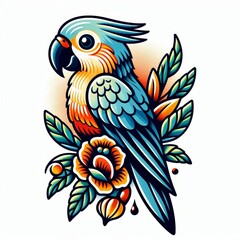 Fototapeta premium Vibrant Parrot with Botanical Accents, Modern Take on Classic Tattoo Style