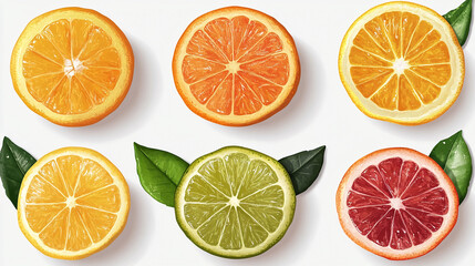 Fototapeta premium Citrus fruit slices collection orange lemon lime grapefruit healthy food vitamin c vibrant fresh and juicy