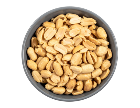 Shelled peanuts in gray bowl on transparent background