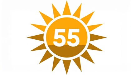 Naklejka premium bright orange spf 55 sun icon with split tone design and bold white number in center for skincare branding, sunscreen packaging, web icon, or health focused summer design