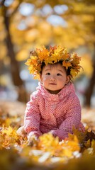 Adorable Baby Crowned with Autumn Leaves Enjoying Sunny Day in the Park