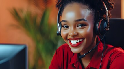 Friendly customer service agent smiling with headset ready to assist and provide support online now or by phone
