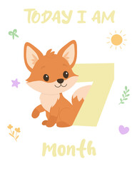 Baby milestone card with cute fox 7 months. Woodland animal monthly age poster. Nursery art for baby photo.