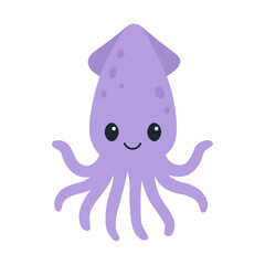 Cute purple squid cartoon character for kids. Smiling sea animal clipart. Funny ocean creature illustration.