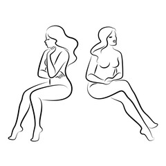 Silhouette of a cute lady, she is sitting. The girl has a beautiful naked figure. The woman is a young sexy and slim model. Vector illustration.