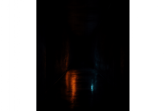 Silhouette of person walking with a flashlight down dark street at night. Isolated on transparent background.