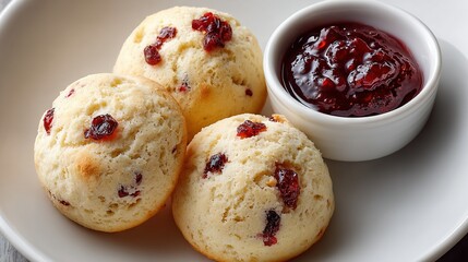   A white plate displays three scones and a cranberry compote sauce in a small bowl nearby