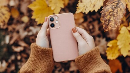 Woman holding pink phone case in autumn leaves aesthetic product photography for social media marketing