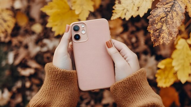 Woman holding pink phone case in autumn leaves aesthetic product photography for social media marketing