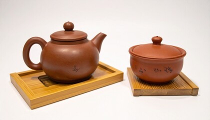 Tea ceremony tools and vessels on isolated white background with sharp focus and warm-toned lighting