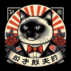 Anime Siamese Cat Illustration with Vintage Political Propaganda Aesthetic