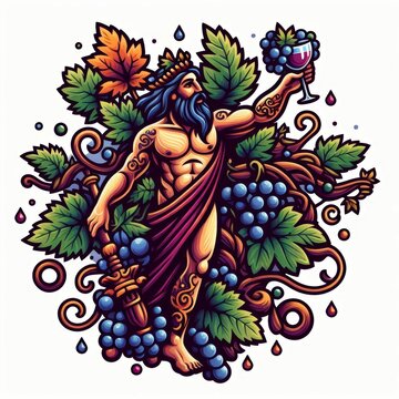 Dionysus, God of Wine and Revelry, in a Cartoon Tattoo Style with Grapevines