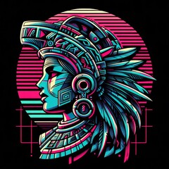 Vaporwave Aztec Warrior, A Surreal 80s Anime Illustration of Cultural Strength