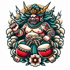 Mythical Raijin: Japanese God of Thunder with Traditional Tattoo Style Drums