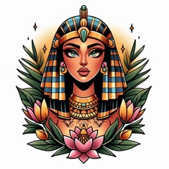 Captivating Cleopatra, An Egyptian queen in traditional cartoon tattoo style