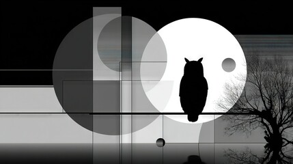   A black-and-white image of an owl perched on a wire against the backdrop of a full moon and a tree
