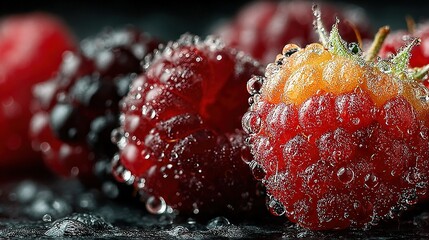   A close-up of various fruits with droplets of water on them, positioned to show their texture from both sides