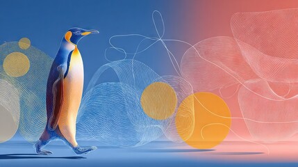   A penguin walks against a backdrop of colors, surrounded by patterns and shapes