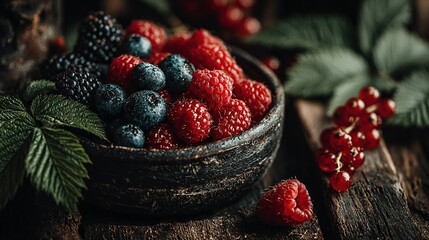   Wooden bowl filled with raspberries and blueberries on green table